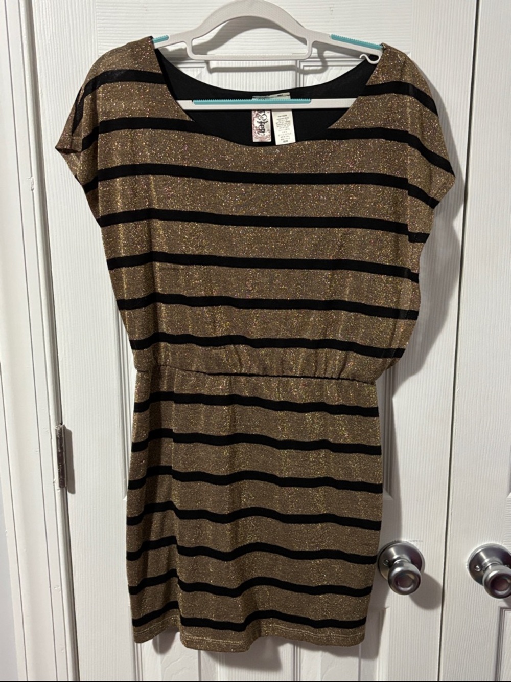 L8teR Sparkle Striped Short Sleeve Mini Dress in Gold and Black